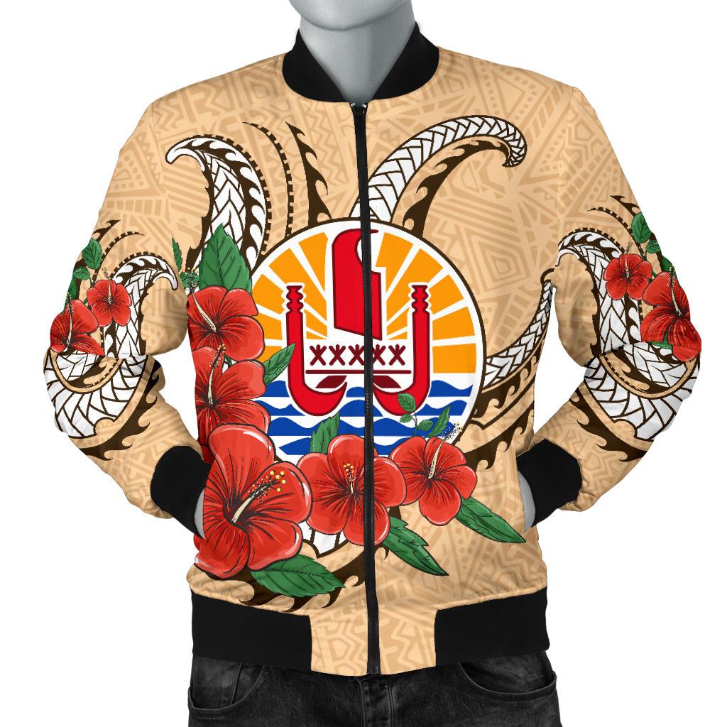 Tahiti Polynesian Men Bomber Jacket - Hibiscus Coat of Arm Beige - Polynesian Pride