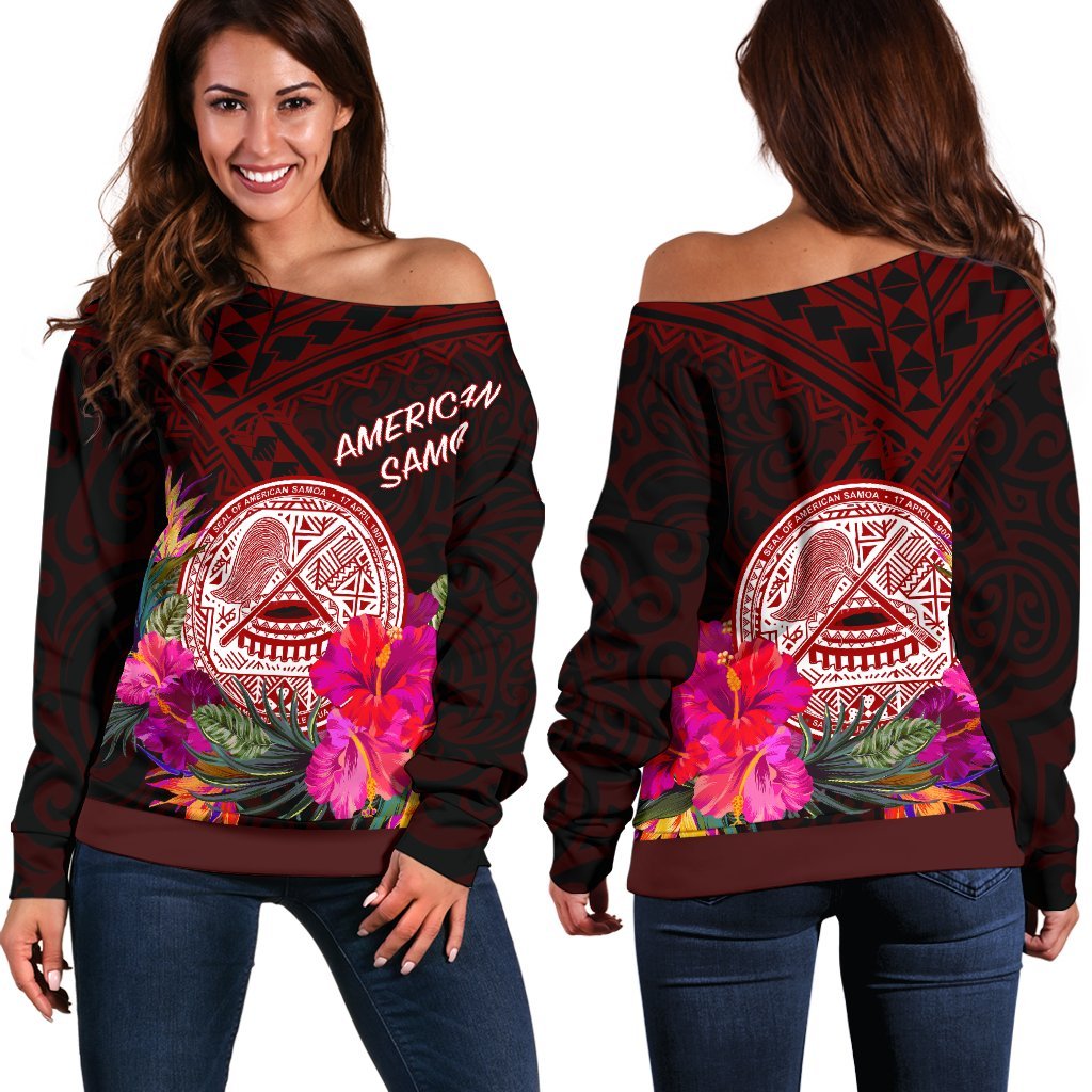 American Samoa Women's Off Shoulder Sweater - Coat Of Arm With Polynesian Patterns - Polynesian Pride