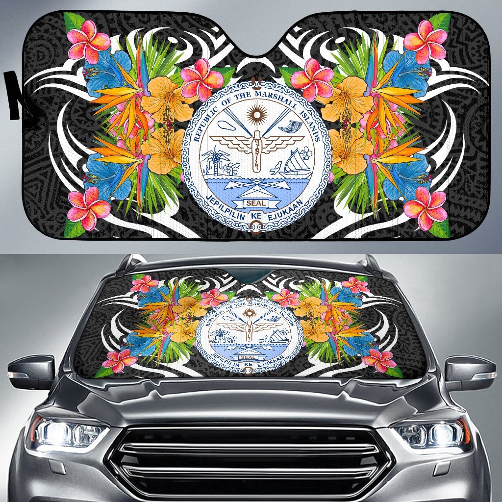 Marshall Islands Auto Sun Shades - Coat Of Arms With Tropical Flowers Auto Sun Shade - Marshall Islands Universal Fit Black - Polynesian Pride