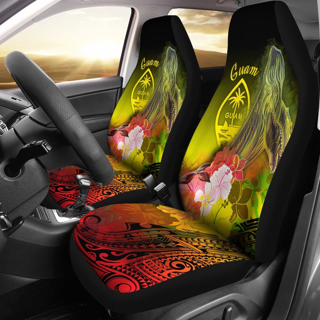 Guam Car Seat Covers - Humpback Whale with Tropical Flowers (Yellow) Universal Fit Yellow - Polynesian Pride