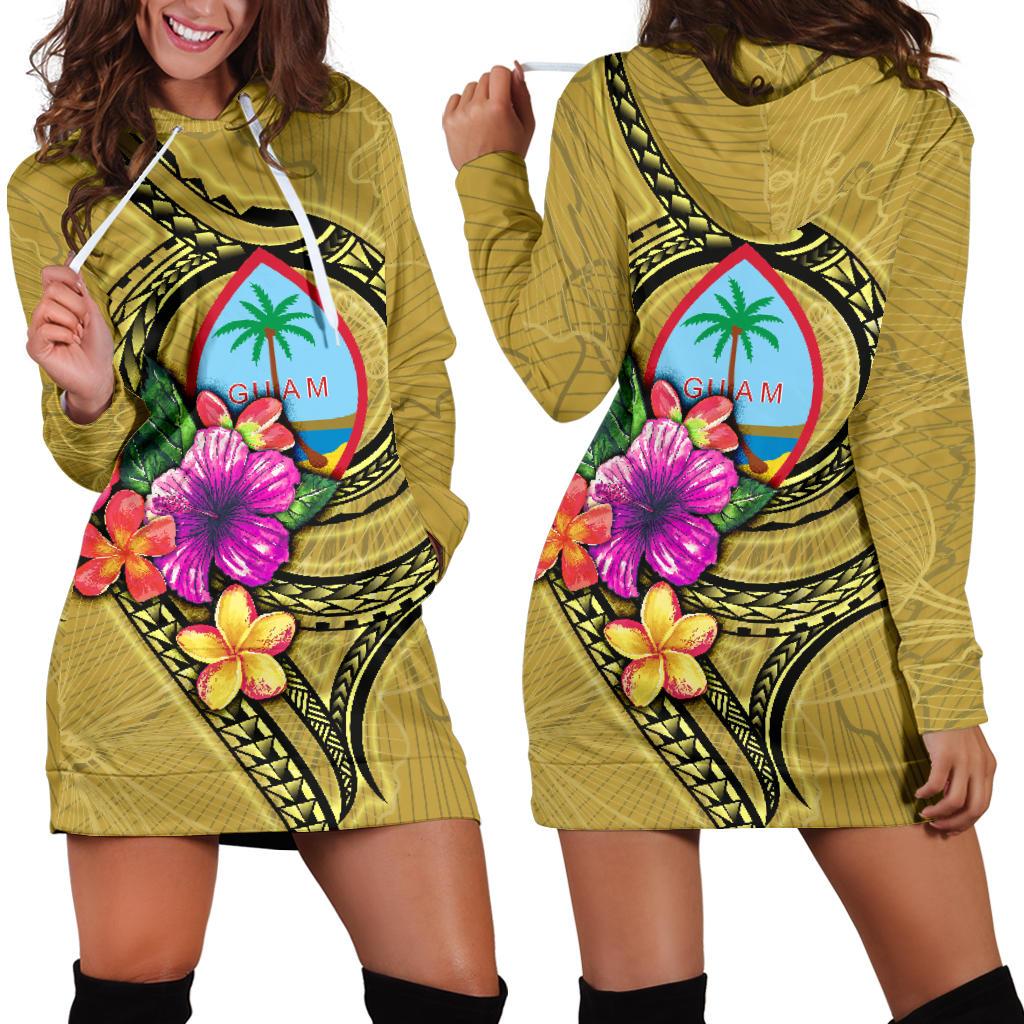 Guam Polynesian Women's Hoodie Dress - Floral With Seal Gold Yellow - Polynesian Pride