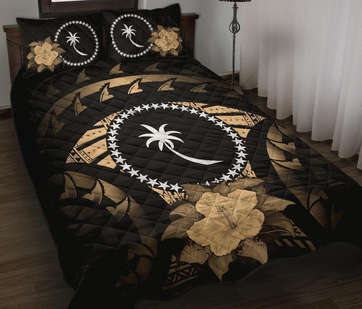 Chuuk Polynesian Quilt Bed Set Hibiscus Gold Black - Polynesian Pride
