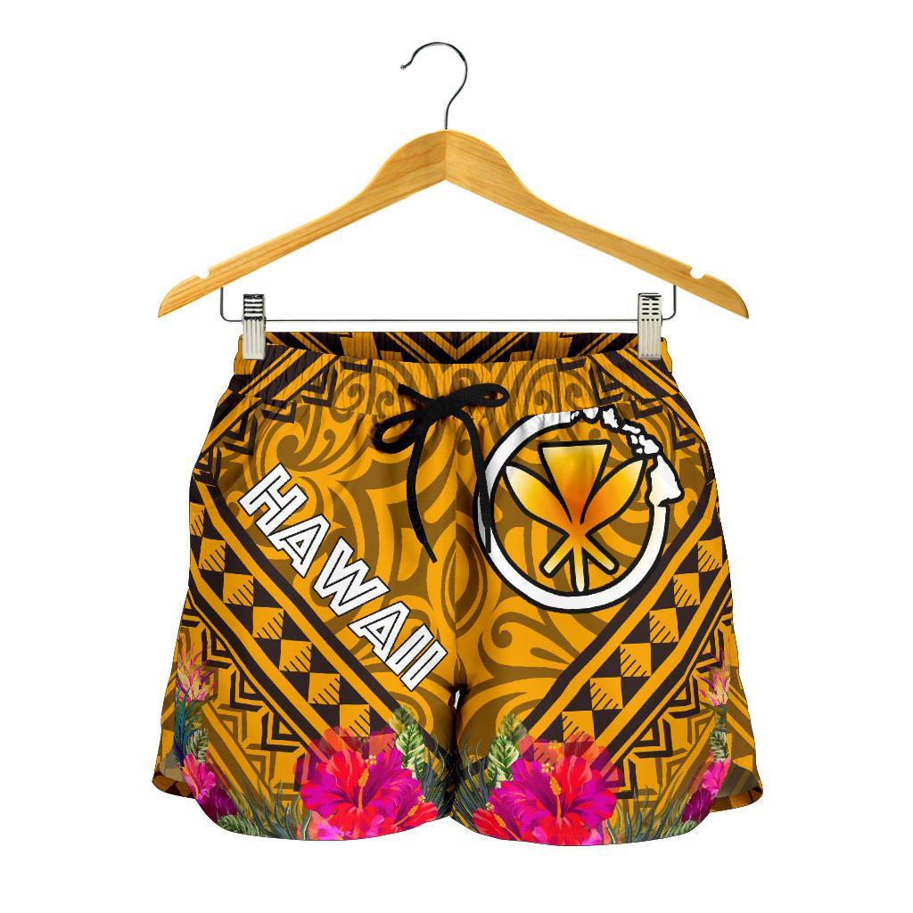 Hawaii Women's Shorts - Kanaka Maoli With Hibiscus On Polynesian Patterns (YELLOW) - Polynesian Pride
