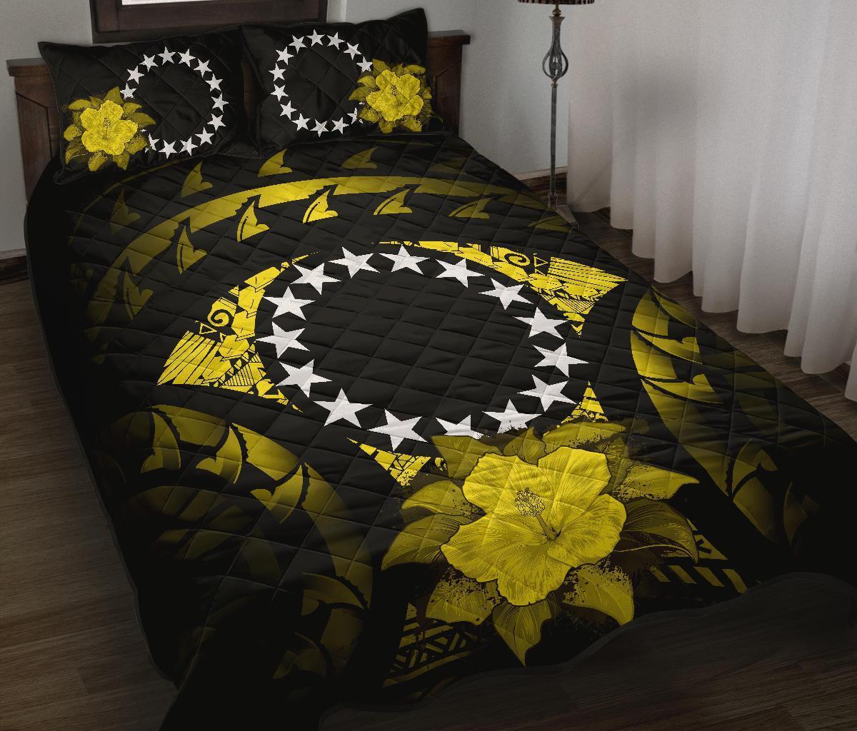 Cook Islands Polynesian Quilt Bed Set Hibiscus Yellow Black - Polynesian Pride
