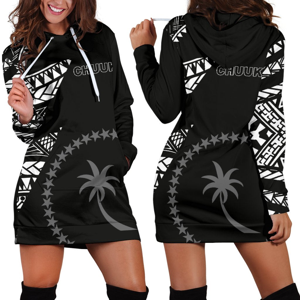 Chuuk Women's Hoodie Dress - Micronesian Pattern Flash Black Black - Polynesian Pride
