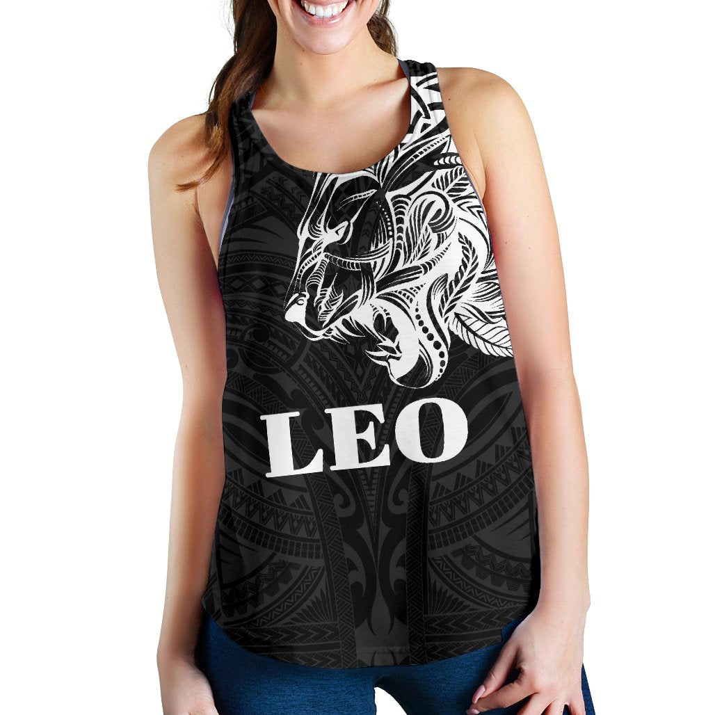 Sun In Leo Zodiac Women Racerback Tank Polynesian Tattoo Simple - White Black - Polynesian Pride
