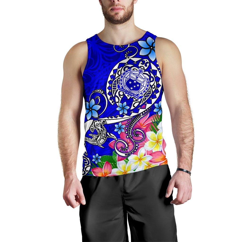 Samoa Men's Tank Top - Turtle Plumeria (Blue) - Polynesian Pride