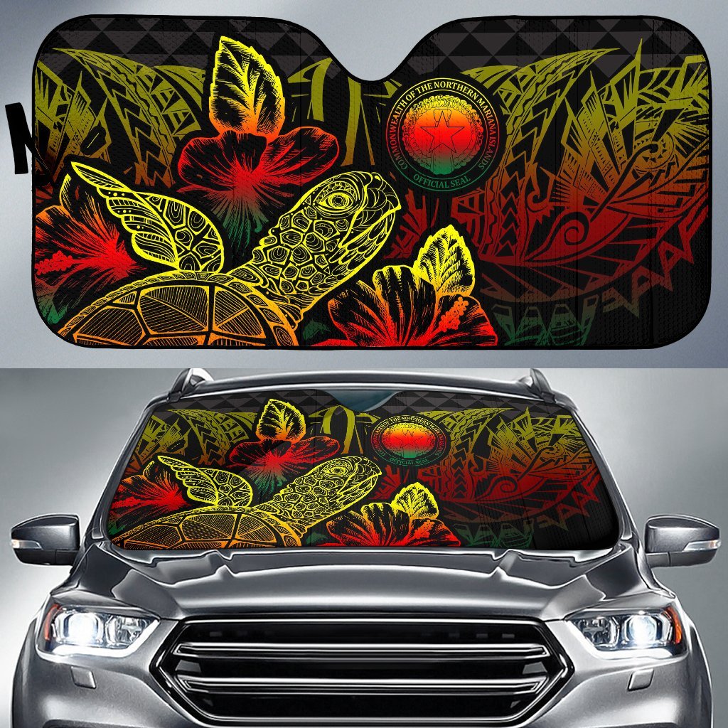Northern Mariana Islands Auto Sun Shades Turtle Hibiscus Reggae Auto Sun Shade Universal Fit Reggae - Polynesian Pride