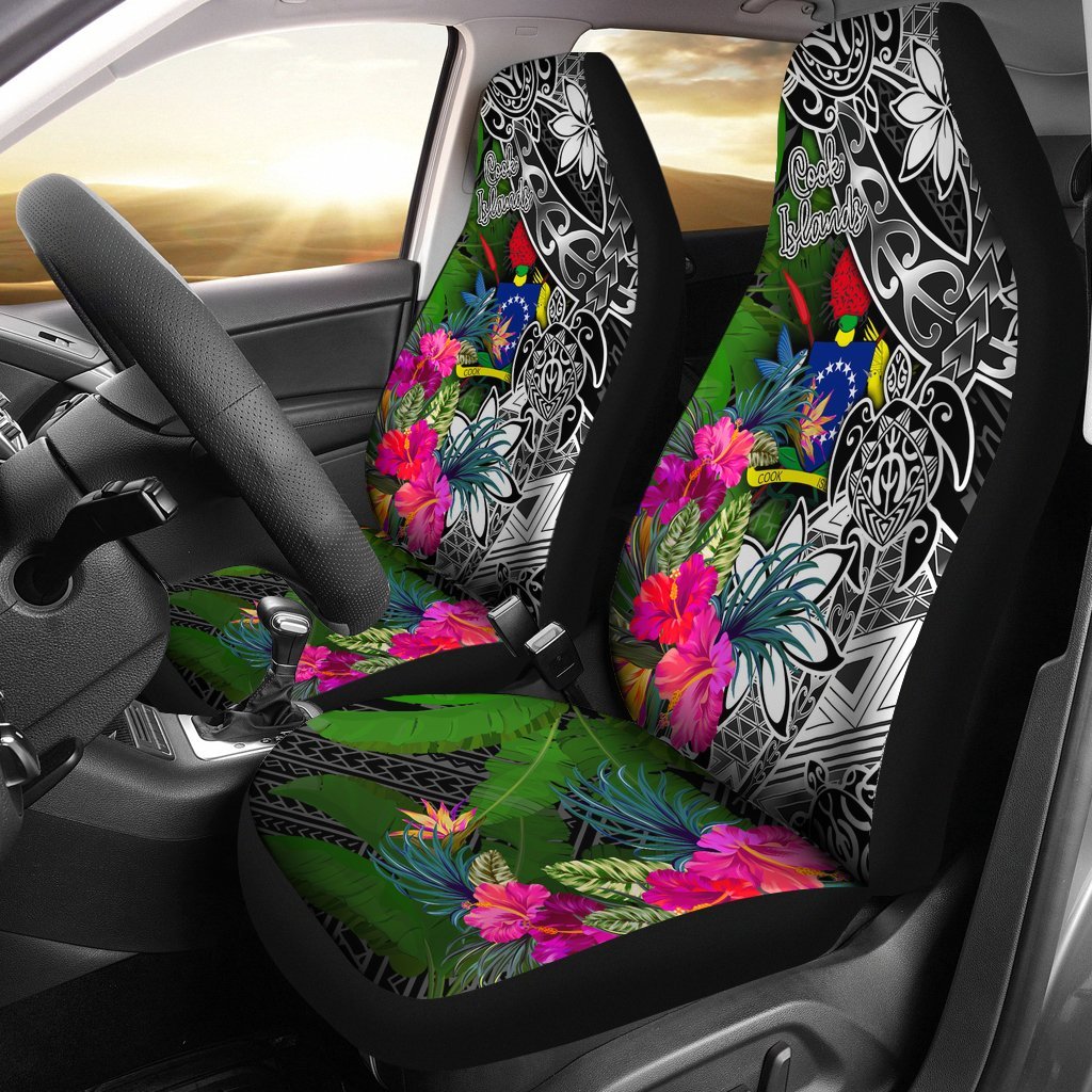 Cook Islands Car Seat Covers - Turtle Plumeria Banana Leaf Universal Fit Black - Polynesian Pride