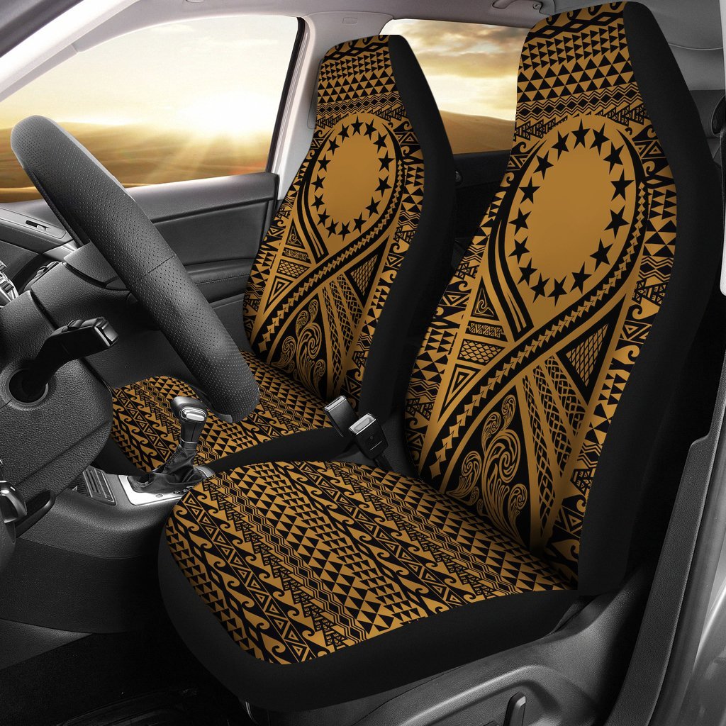 Cook Islands Car Seat Cover - Cook Islands Flag Polynesian Tattoo Gold Universal Fit Gold - Polynesian Pride