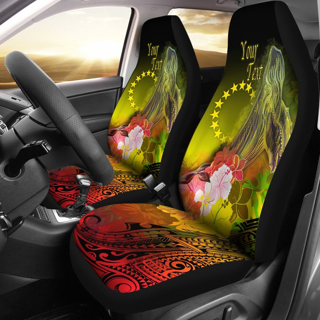 Cook Islands Custom Personalised Car Seat Covers - Humpback Whale with Tropical Flowers (Yellow) Universal Fit Yellow - Polynesian Pride