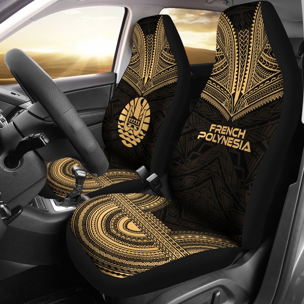 French Polynesian Car Seat Cover - French Polynesian Coat Of Arms Polynesian Chief Tattoo Gold Version Universal Fit Gold - Polynesian Pride