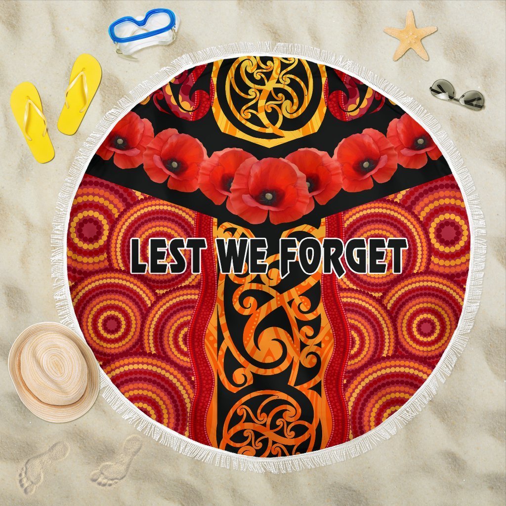 Anzac Lest We Forget Poppy Beach Blanket New Zealand Maori Silver Fern - Australia Aboriginal Beach Blanket One Size Red - Polynesian Pride