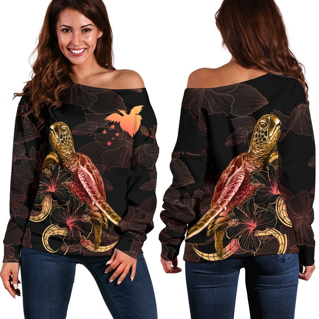 Papua New Guinea Polynesian Women's Off Shoulder Sweater - Turtle With Blooming Hibiscus Gold Gold - Polynesian Pride