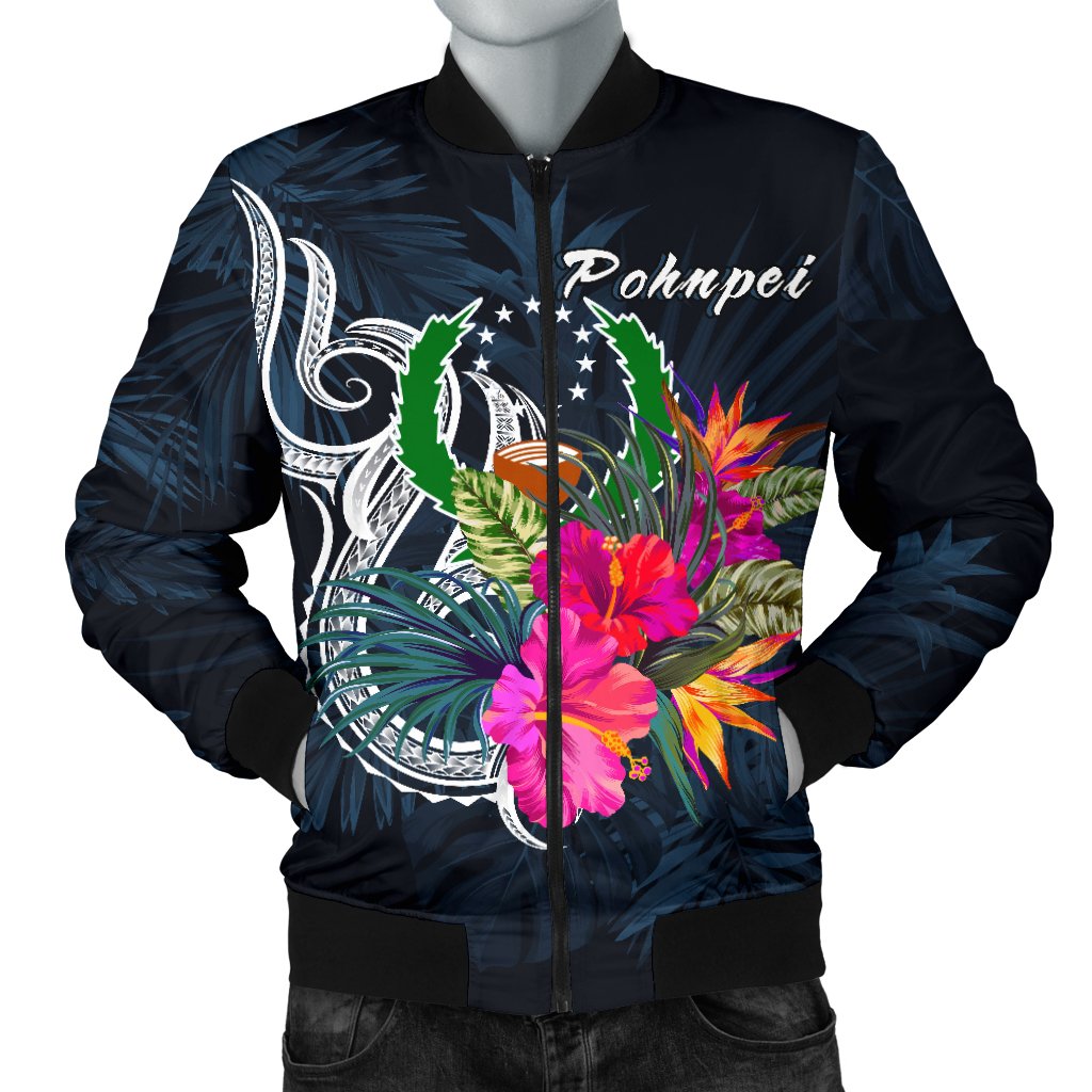 Pohnpei Micronesia Men's Bomber Jacket - Tropical Flower Blue - Polynesian Pride