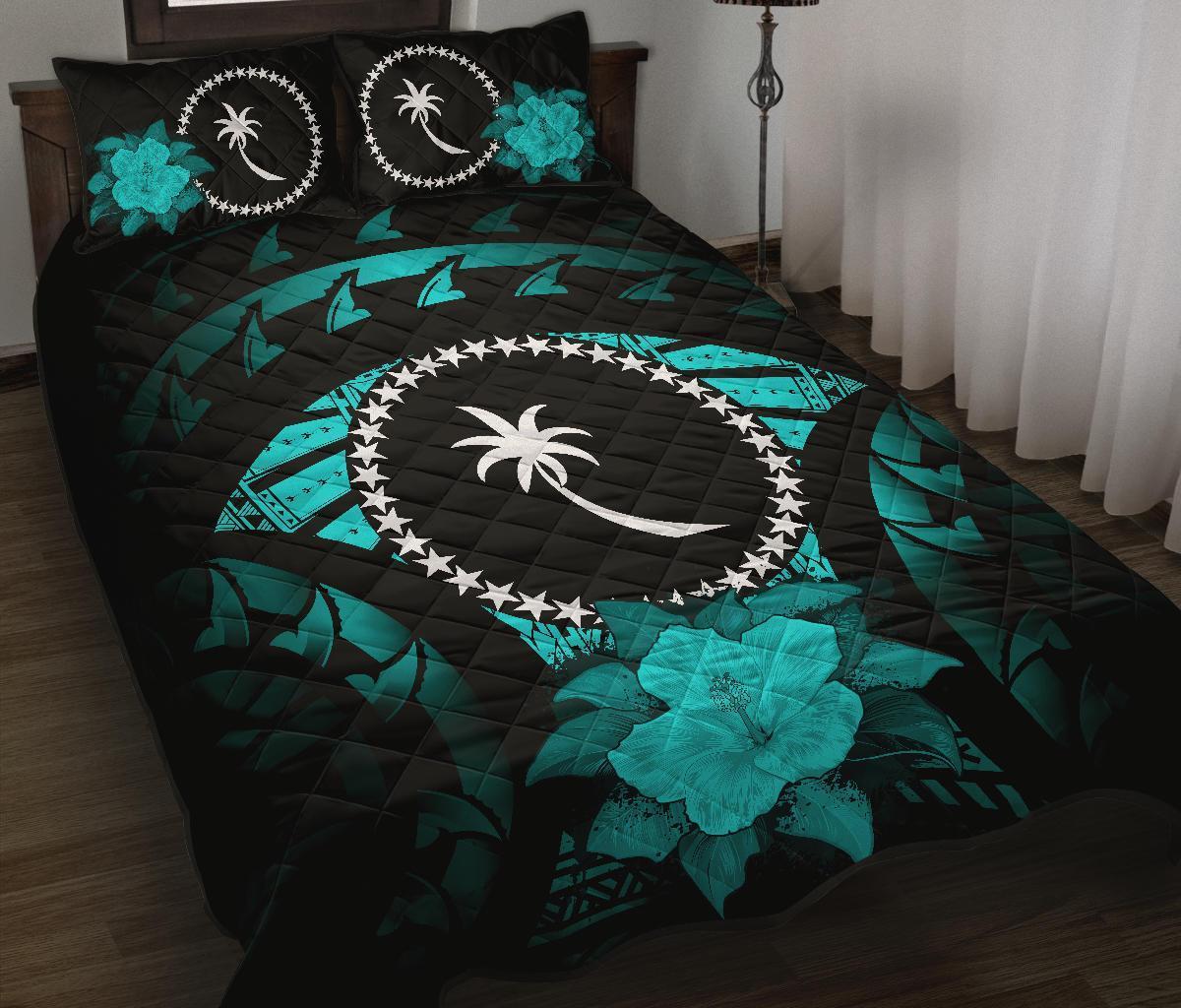 Chuuk Polynesian Quilt Bed Set Hibiscus Turquoise Black - Polynesian Pride