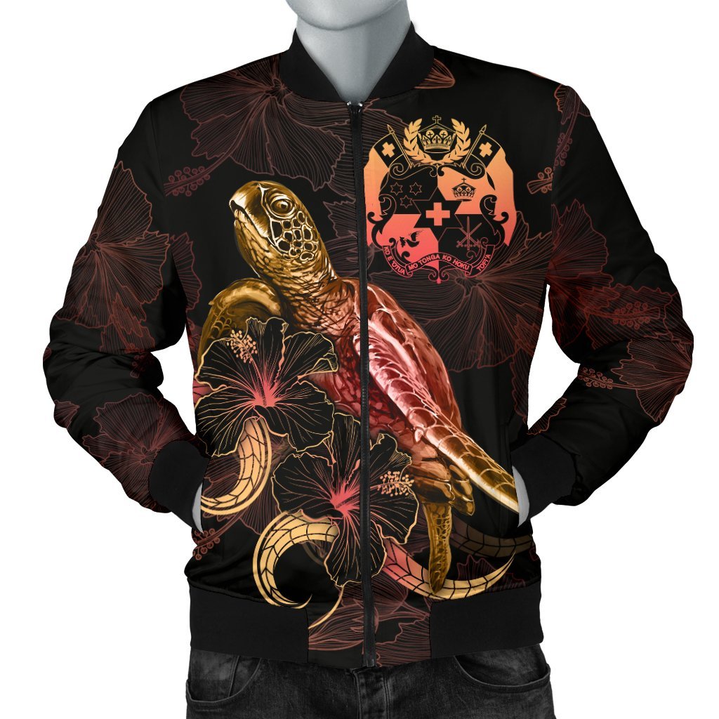 Tonga Polynesian Men's Bomber Jacket - Turtle With Blooming Hibiscus Gold Gold - Polynesian Pride