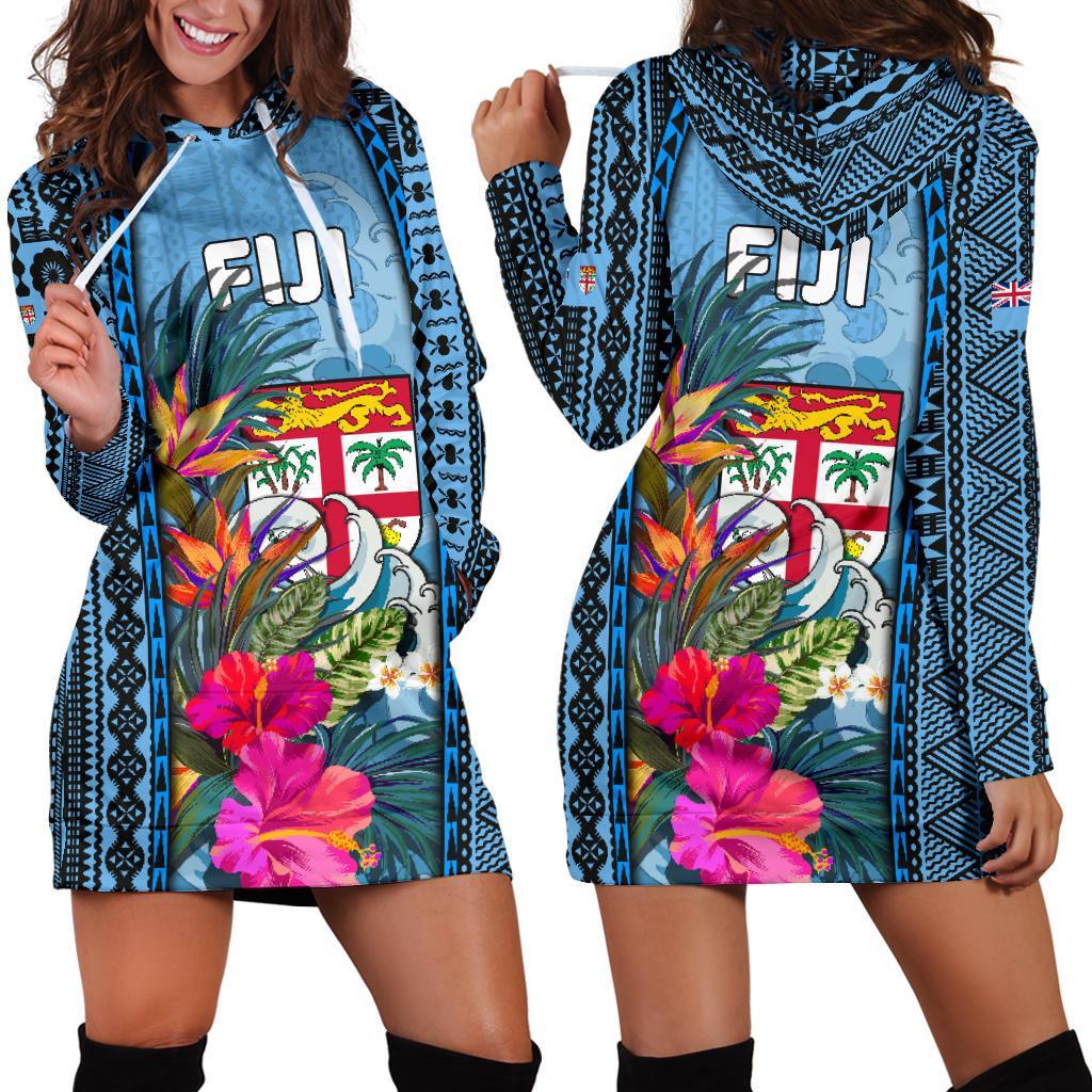 Fiji Women'S Hoodie Dress Coat Of Arms Polynesian With Hibiscus And Waves Blue - Polynesian Pride
