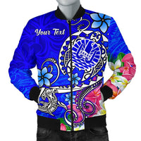 Tahiti Custom Personalised Men's Bomber Jacket - Turtle Plumeria (Blue) Blue - Polynesian Pride