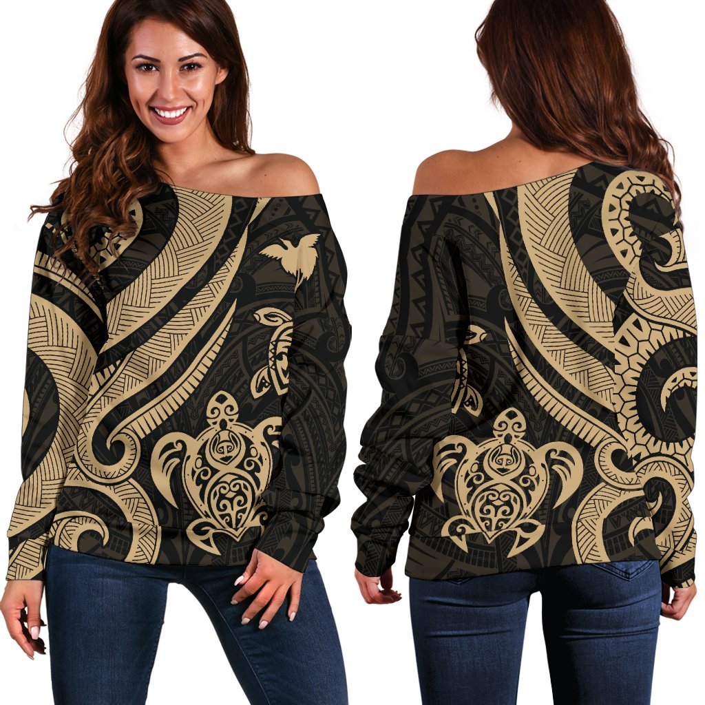 Papua New Guinea Women's Off Shoulder Sweater - Gold Tentacle Turtle Gold - Polynesian Pride