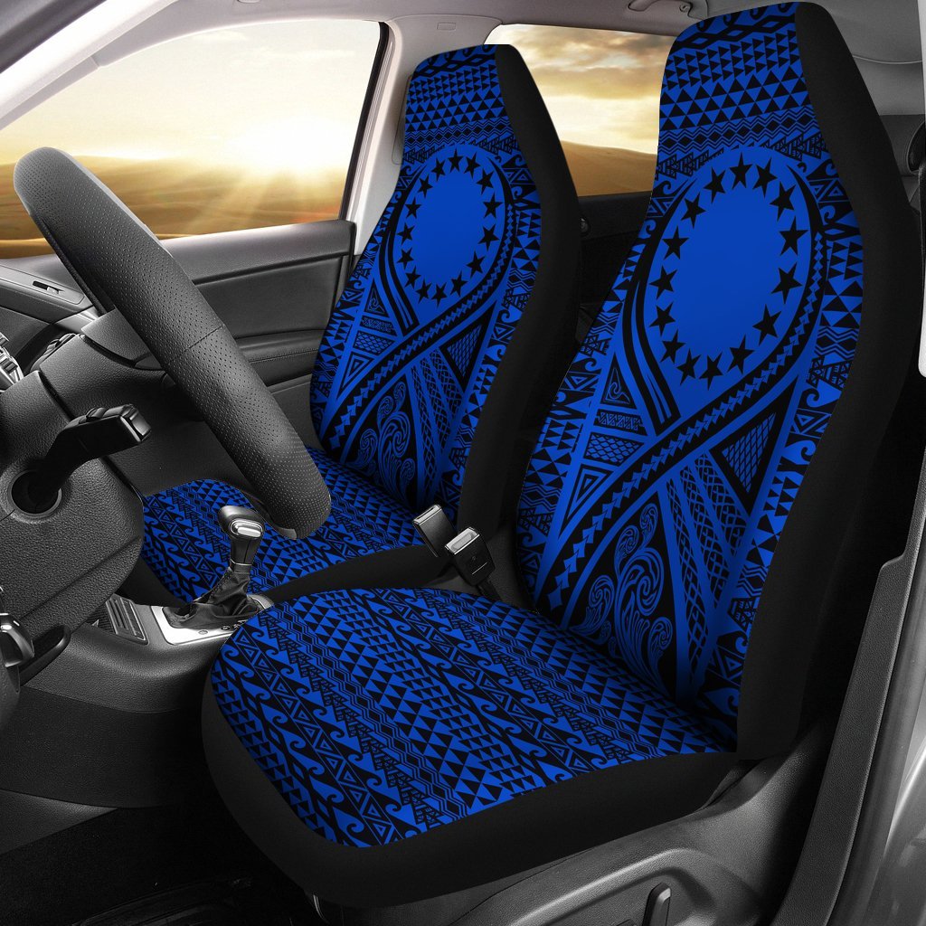 Cook Islands Car Seat Cover - Cook Islands Flag Polynesian Tattoo Blue Universal Fit Blue - Polynesian Pride