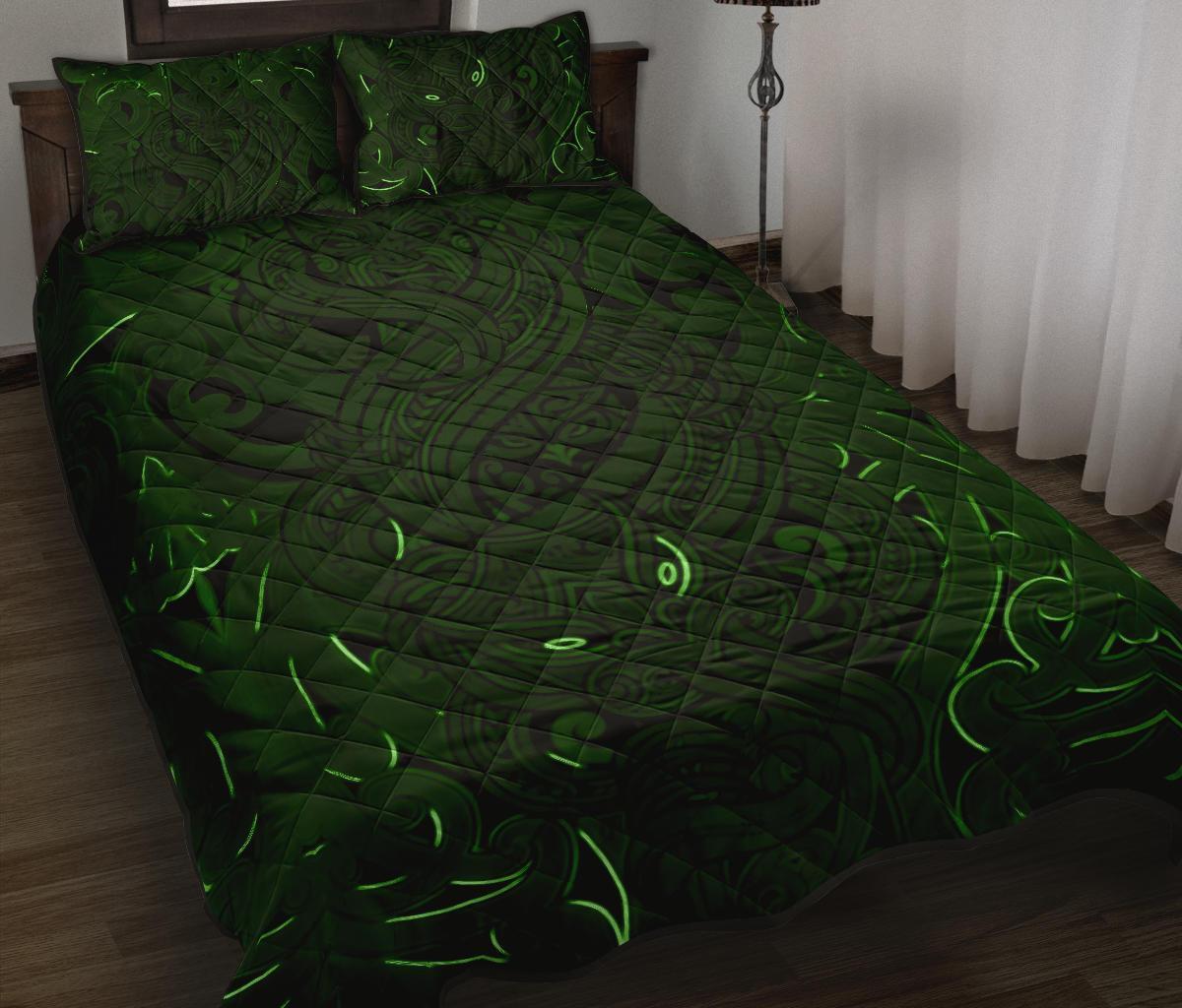 New Zealand Quilt Bed Set, Maori Gods Quilt And Pillow Cover Tumatauenga (God Of War) - Green Green - Polynesian Pride
