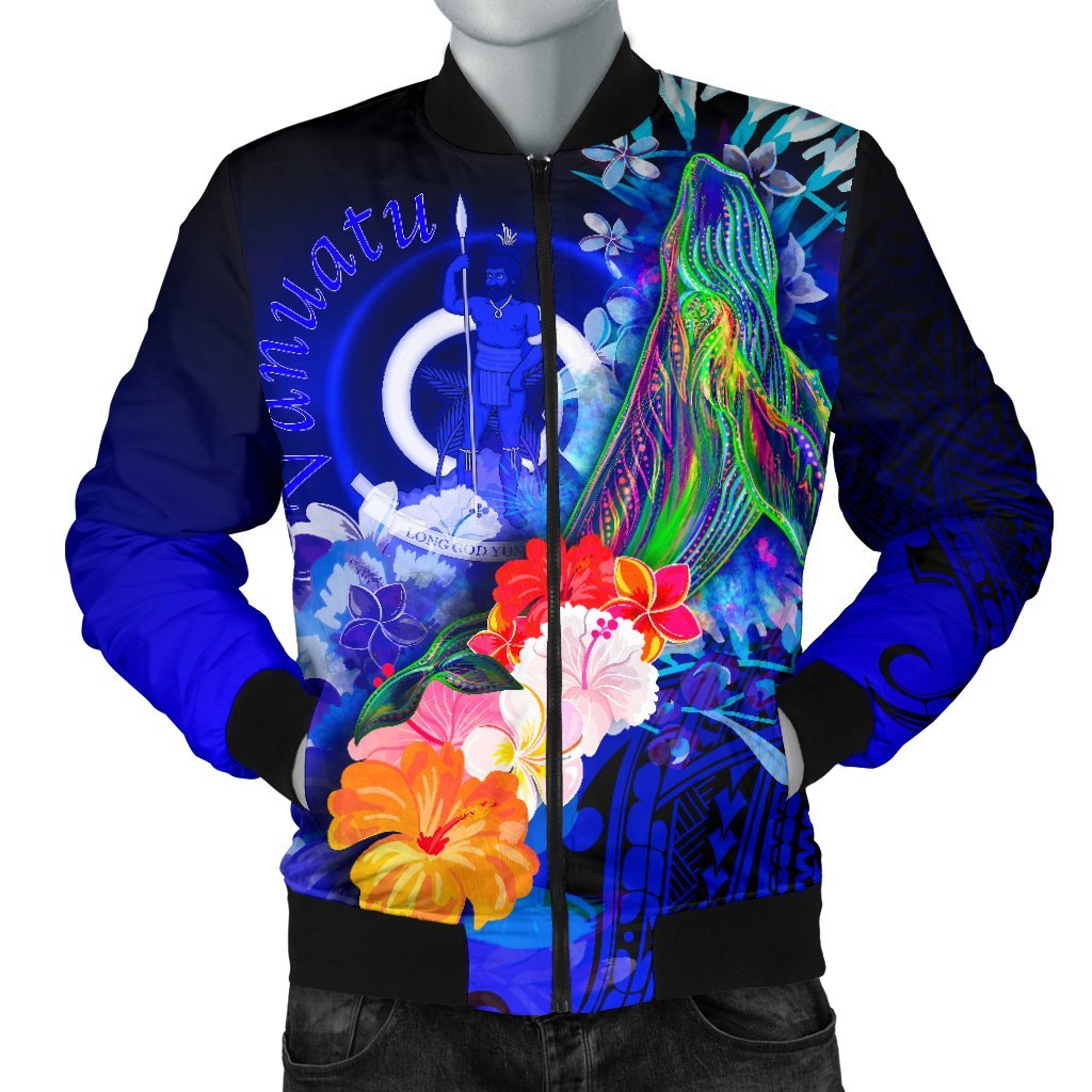 Vanuatu Men's Bomber Jacket - Humpback Whale with Tropical Flowers (Blue) Blue - Polynesian Pride