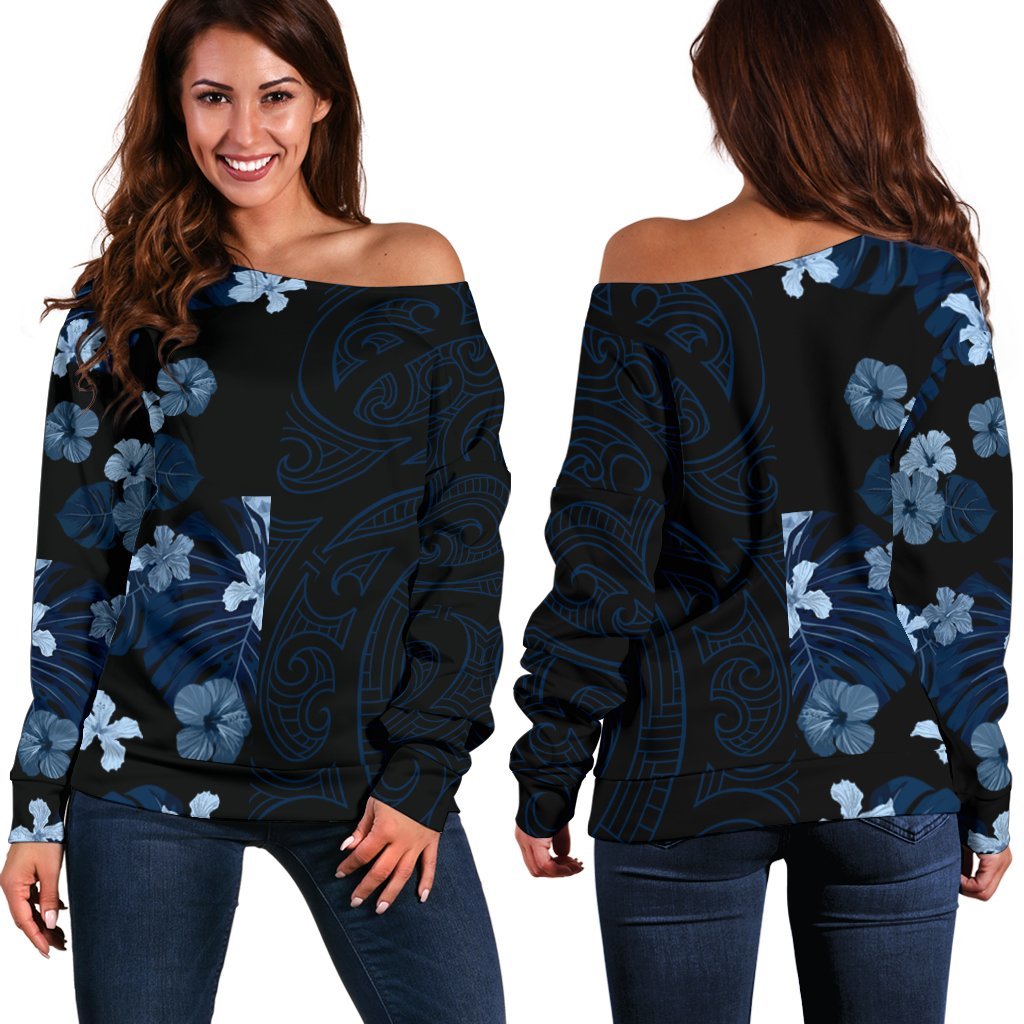 Tropical Polynesian - Hawaiian Women's Off Shoulder Sweater - Curtis Style Indigo - Polynesian Pride