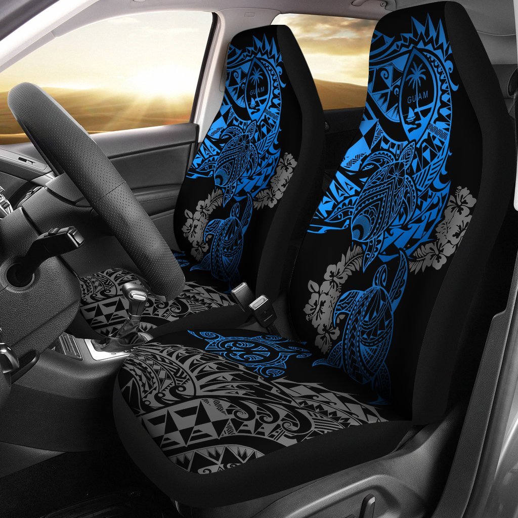Guam Car Seat Covers - Guam Coat Of Arms Blue Turtle & Gray Hibiscus Universal Fit Blue - Polynesian Pride