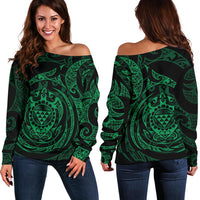 Polynesian Hawaii Women's Off Shoulder Sweater - Green Turtle Tribal Green - Polynesian Pride