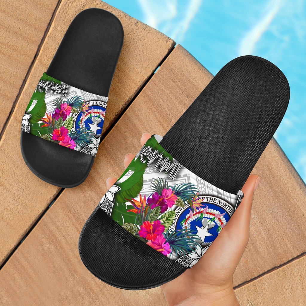 Northern Mariana Islands Slide Sandals - Turtle Plumeria Banana Leaf Black - Polynesian Pride
