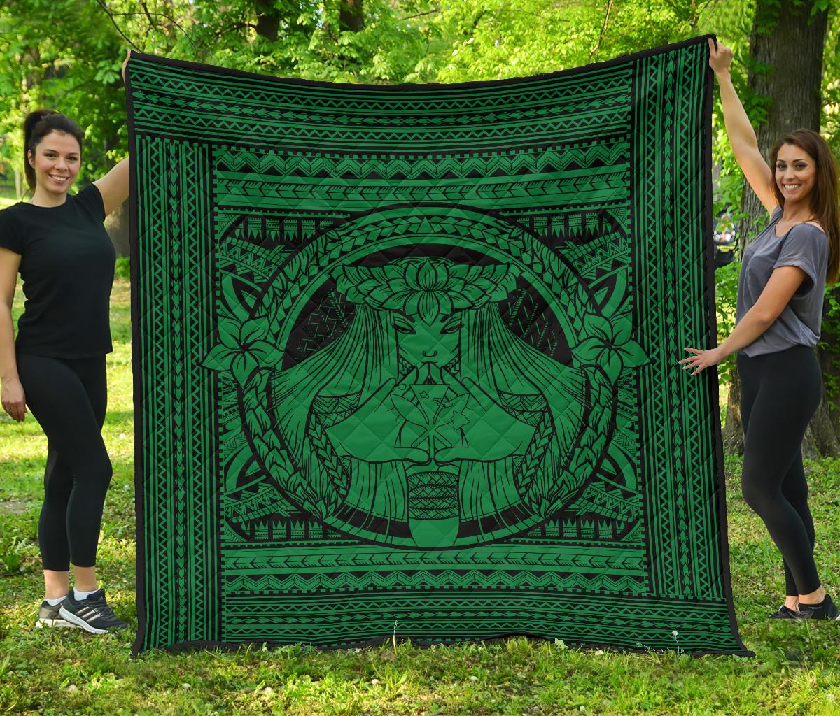 Hawaii Polynesian Pele Kanaka Premium Quilt Green Green - Polynesian Pride