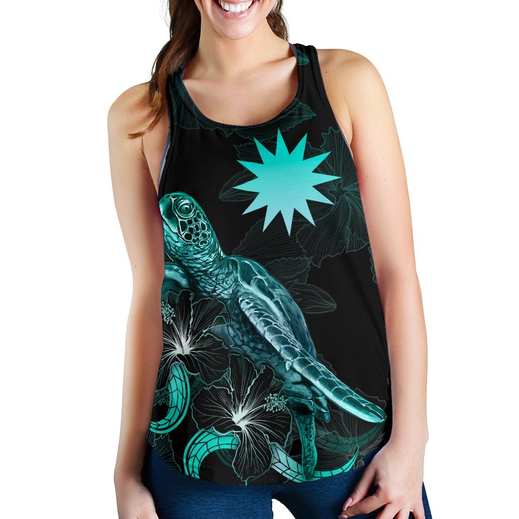 Nauru Polynesian Women Tank Top - Turtle With Blooming Hibiscus Turquoise - Polynesian Pride