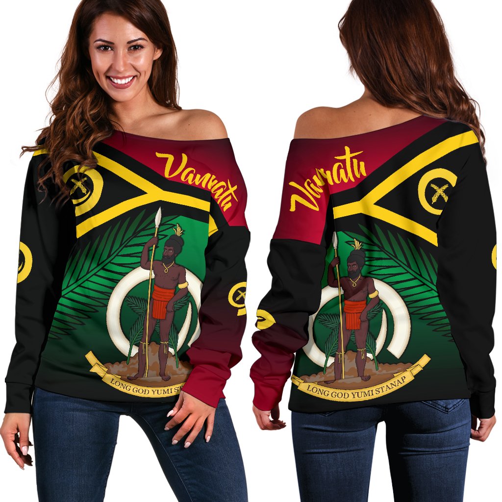 Vanuatu Rugby Women Off Shoulder Sweater Proud Vibes Green - Polynesian Pride