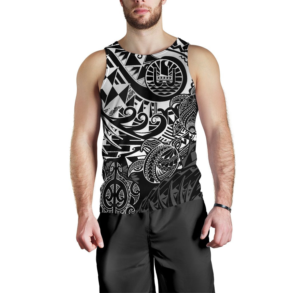 Tahiti Polynesian Men Tank Top - White Turtle Hibiscus Flowing - Polynesian Pride