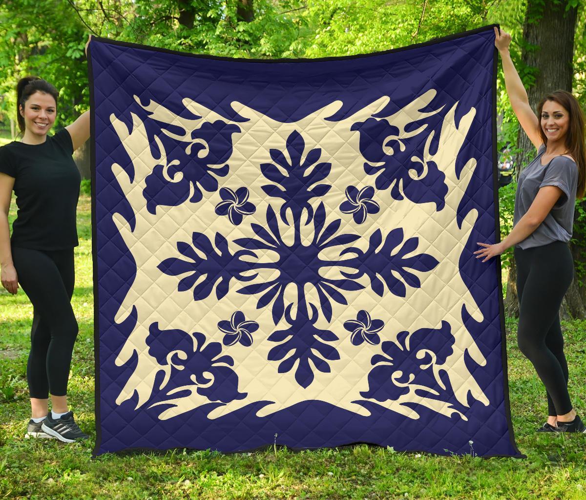 Hawaiian Plumeria Tropical Pattern Premium Quilt - Blue - Argu Style - AH Blue - Polynesian Pride