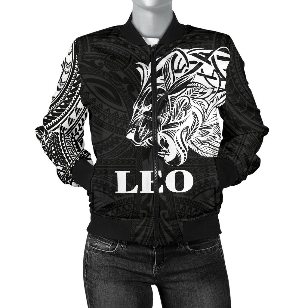 Sun In Leo Zodiac Women Bomber Jacket Polynesian Tattoo Simple - White Black - Polynesian Pride