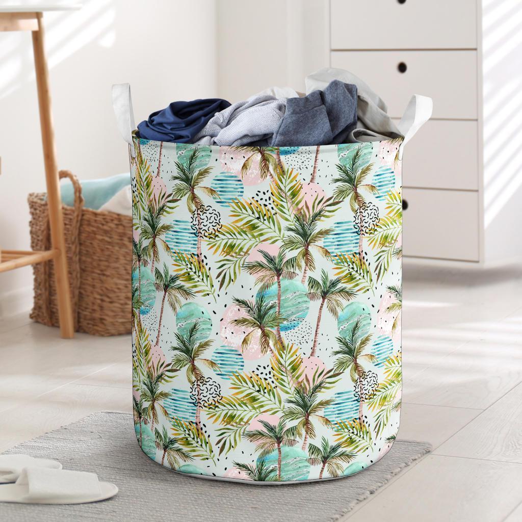 Hawaii Tropical Watercolor Palm Tree Leaf Hawaii Laundry Basket AH Laundry Basket - 1 One Size White - Polynesian Pride