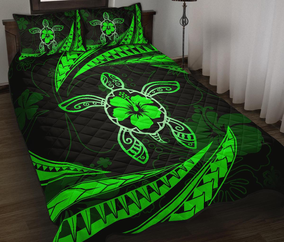 Hawaii Quilt Bed Set - Hibiscus Turtle Tribal Waves Green - Polynesian Pride