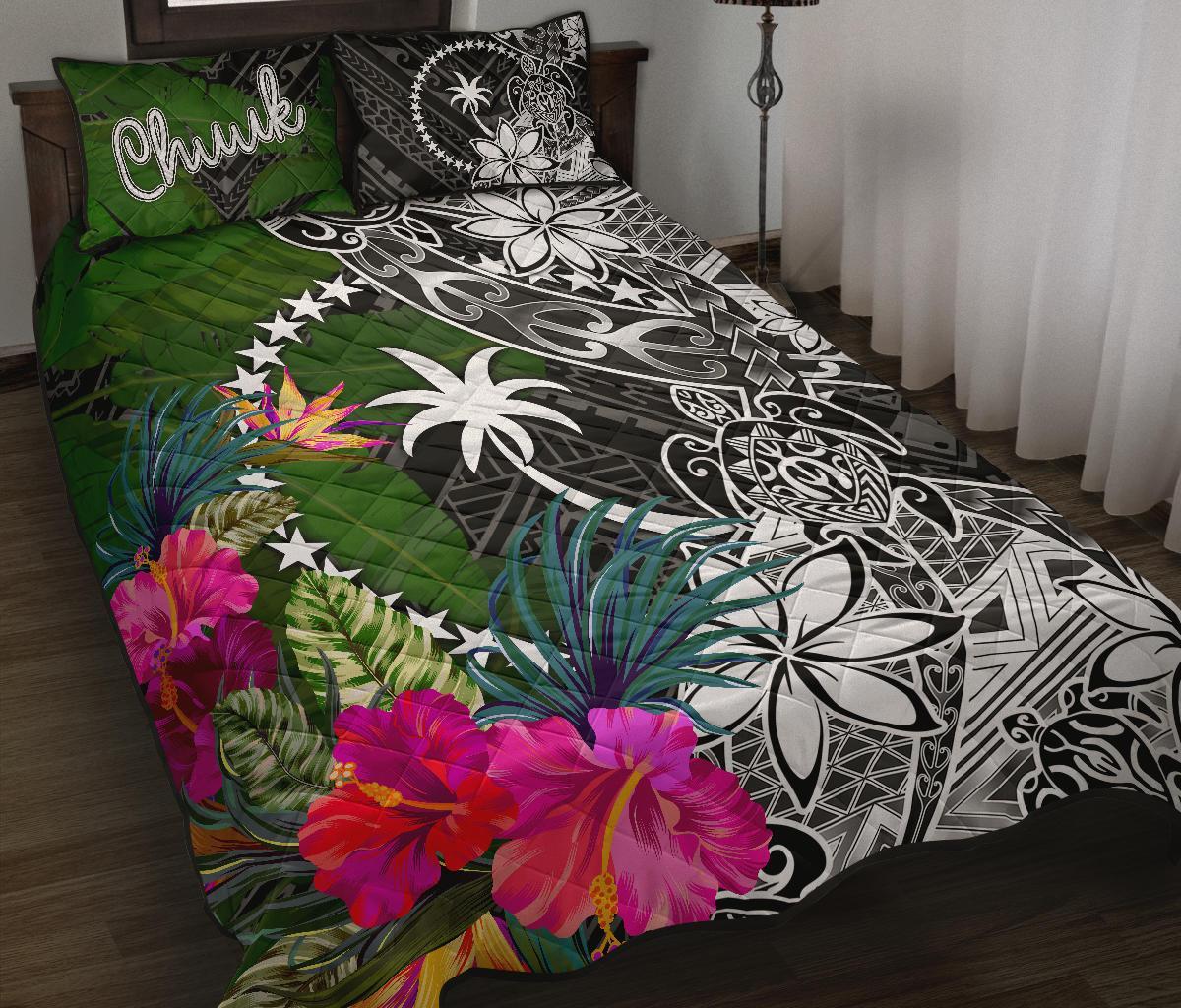 Chuuk Quilt Bed Set - Turtle Plumeria Banana Leaf Black - Polynesian Pride