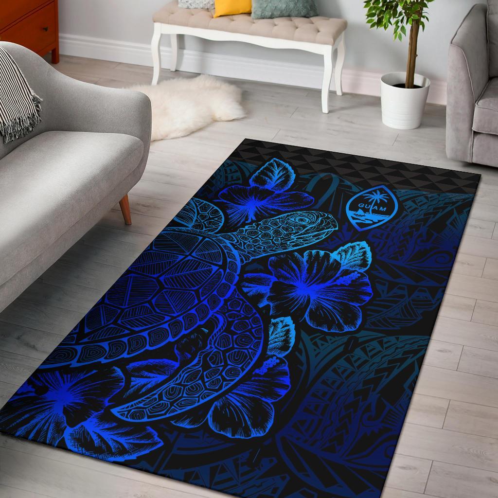 Guam Area Rugs Turtle Hibiscus Blue Blue - Polynesian Pride