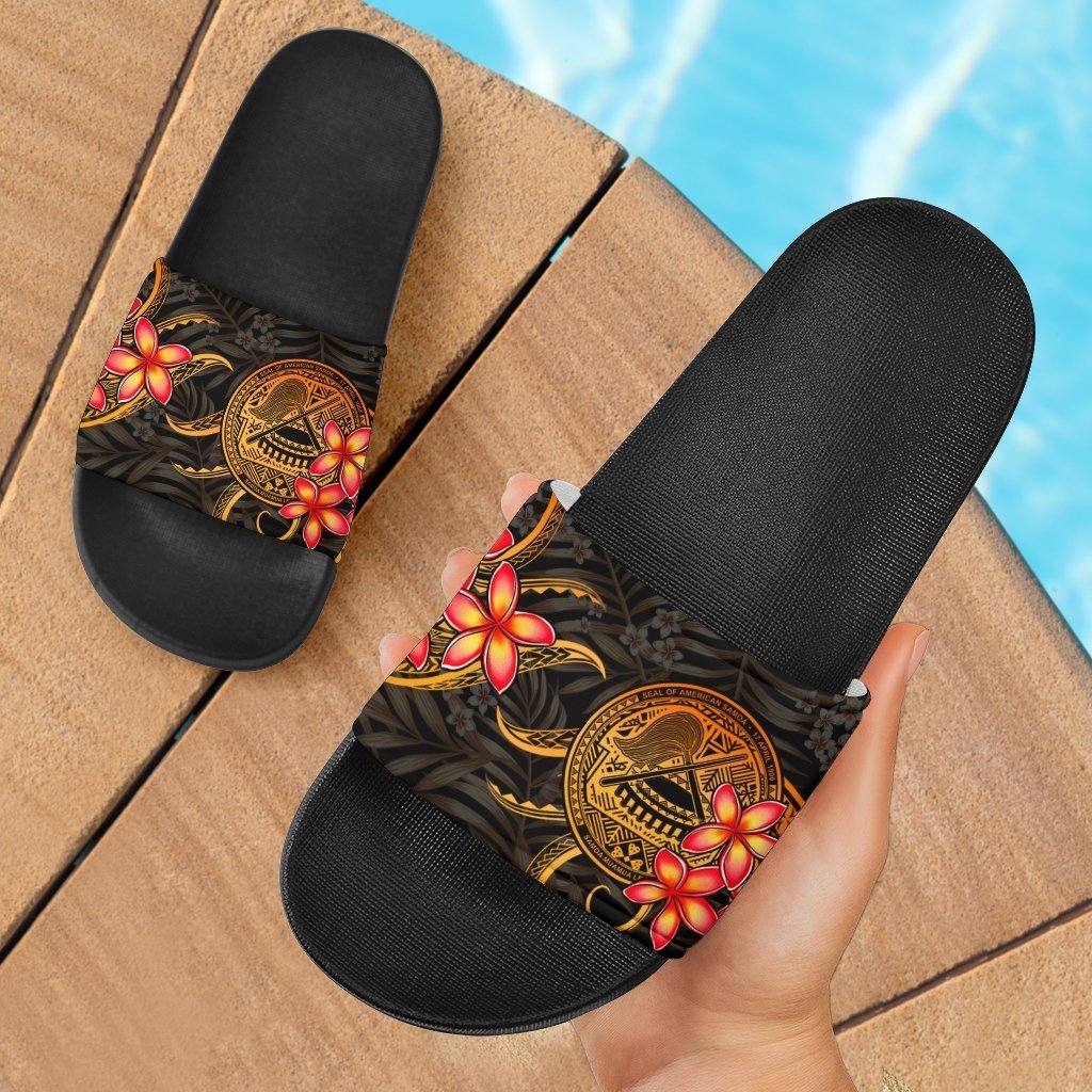 American Samoa Slide Sandals - Gold Plumeria Black - Polynesian Pride