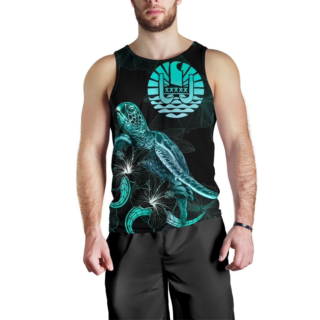 Tahiti Polynesian Men Tank Top - Turtle With Blooming Hibiscus Tuquoise - Polynesian Pride