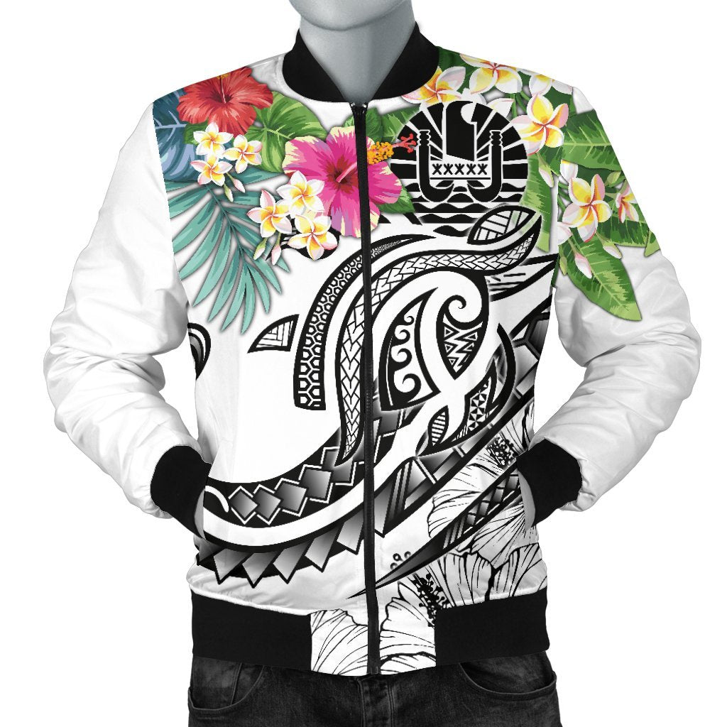 Tahiti Polynesian Men's Bomber Jacket - Summer Plumeria (White) White - Polynesian Pride