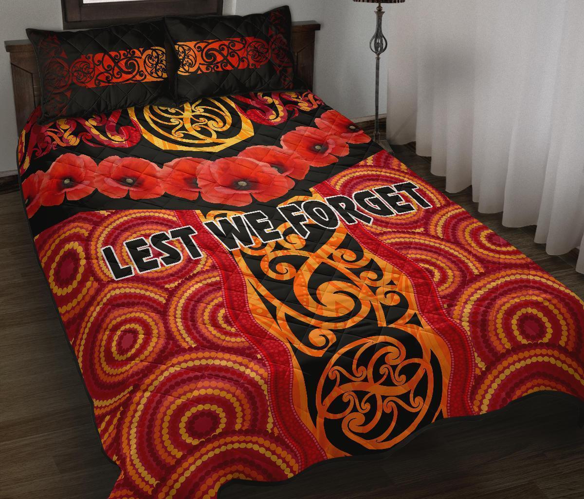 Anzac Lest We Forget Poppy Quilt Bed Set New Zealand Maori Silver Fern - Australia Aboriginal Red - Polynesian Pride