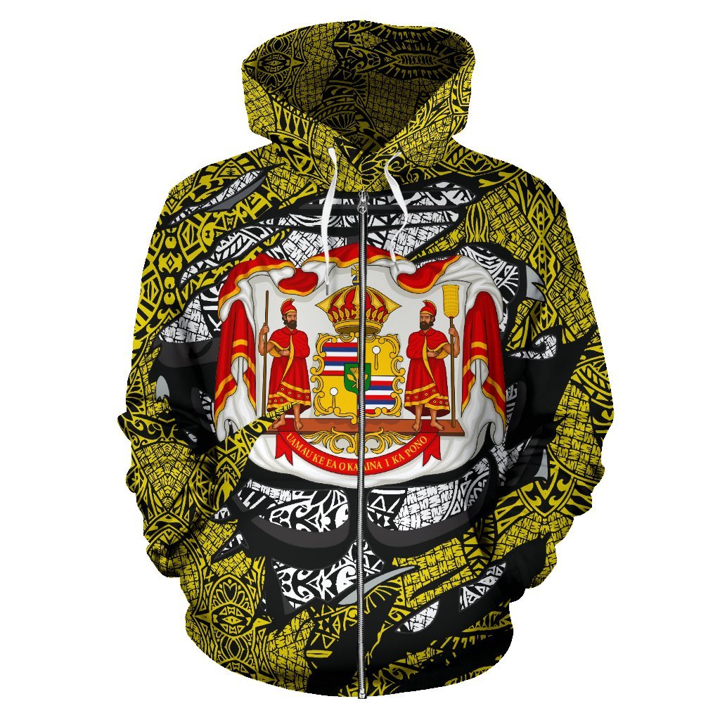 Polynesian Kanaka Maoli Royal Coat of Arms Hawaii Zip Hoodie Yellow - Polynesian Pride