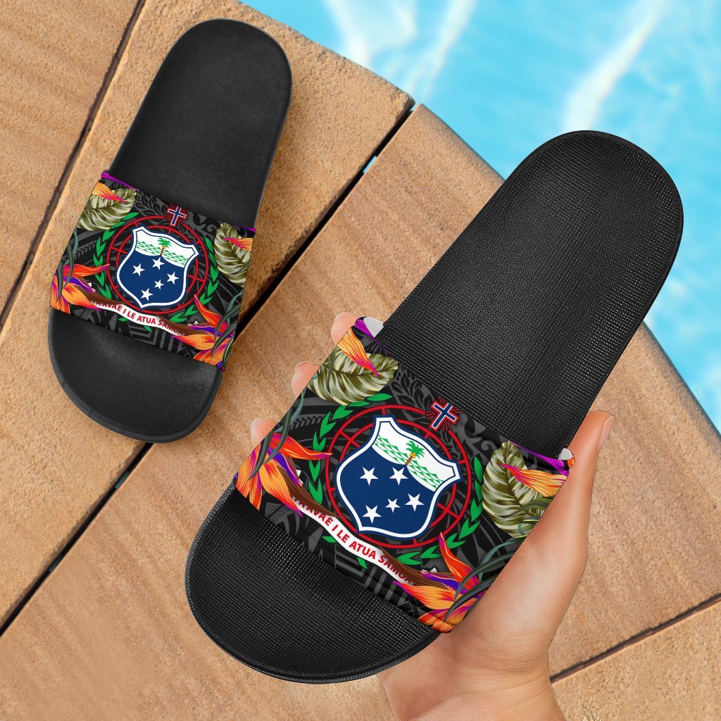 Samoa Slide Sandals - Polynesian Hibiscus Pattern Black - Polynesian Pride