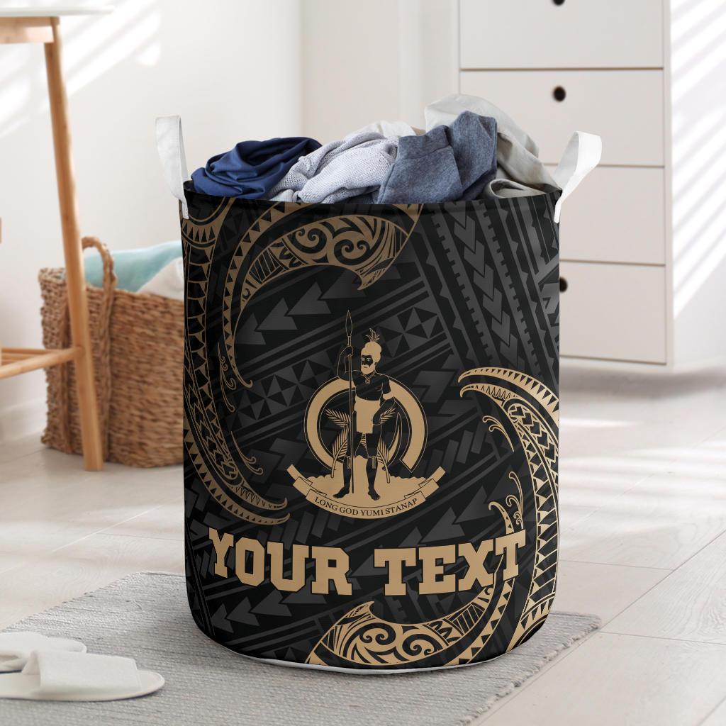 Vanuatu Polynesian Custom Personalised Laundry Basket - Gold Tribal Wave One Style One Size Black - Polynesian Pride