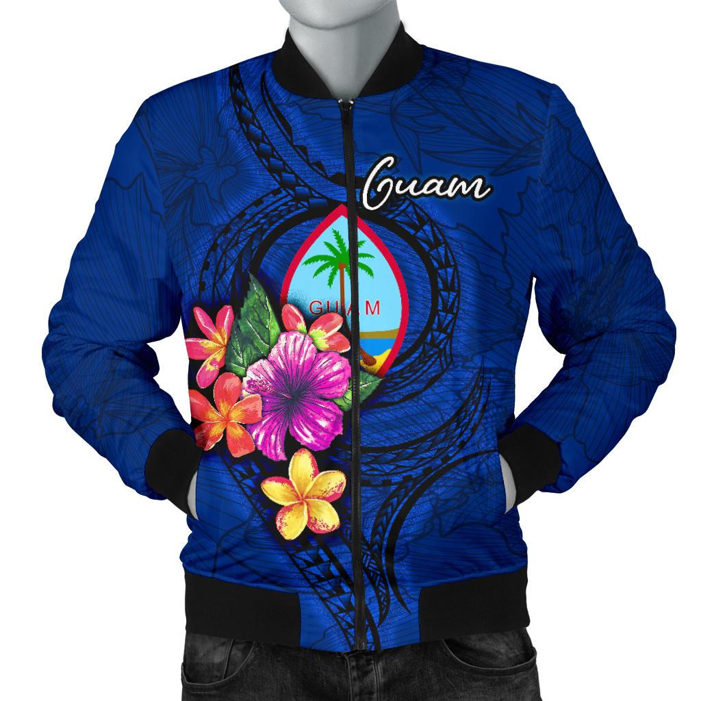 Guam Polynesian Men's Bomber Jacket - Floral With Seal Blue - Polynesian Pride