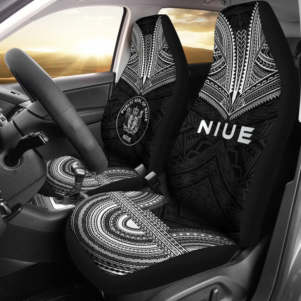 Niue Car Seat Cover - Niue Seal Polynesian Chief Tattoo Black Version Universal Fit Black - Polynesian Pride